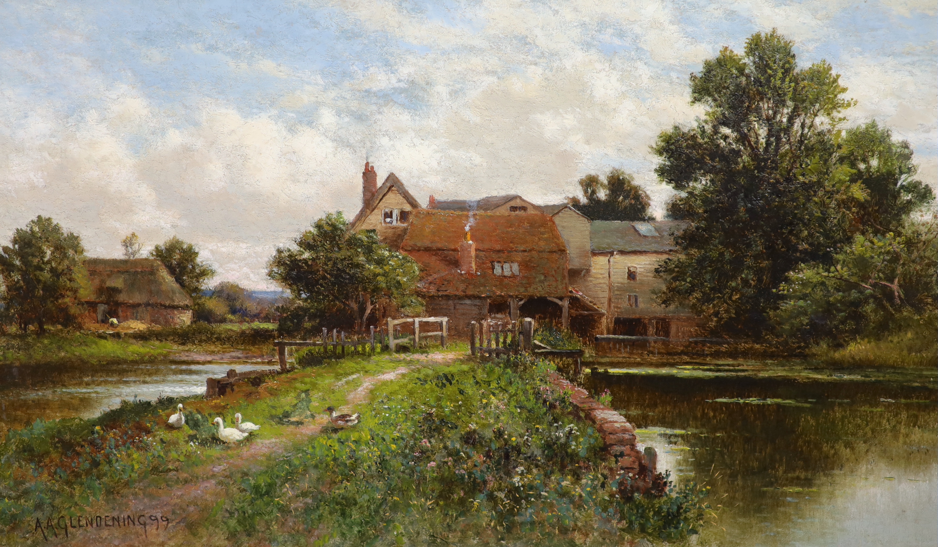 Alfred Augustus Glendening (c.1840-c.1910), Ducks before a watermill, oil on canvas, 30 x 50cm